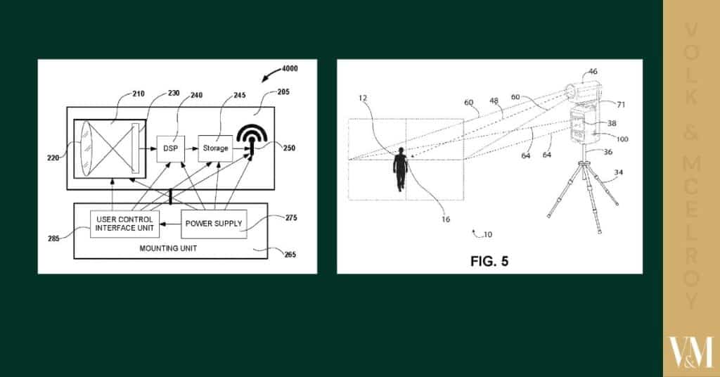 Diagram of a technical system with components like a display, DSP, storage, power supply, and a camera setup on a tripod.
