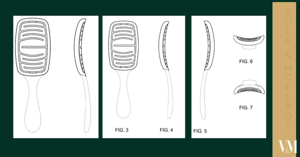 A set of detailed technical drawings of a hairbrush, showing top, side, and sectional views with labeled figures.