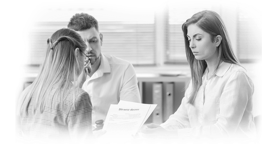 Divorce legal consultation, family law advice, legal document review, divorce decree discussion, attorney-client meeting about separation and custody.