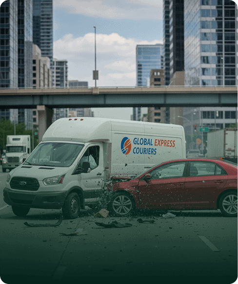Car accident involving a delivery van and a sedan in downtown city.